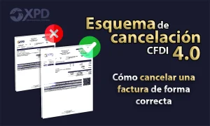 Dos Facturas electrónicas de XPD con un tache y palomita para explicar la cancelación del CFDI 4.0