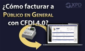 Laptop abierta con factura de XPD y caja rgistradora a un ladoCómo facturar a Público en general con CFDI 4.0 - Expide Tu Factura